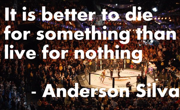 An image featuring a large crowd of spectators in an arena, with a bright octagon ring in the center where two fighters are engaged in a match. Superimposed over the image is large white text containing a quote attributed to Anderson Silva.
