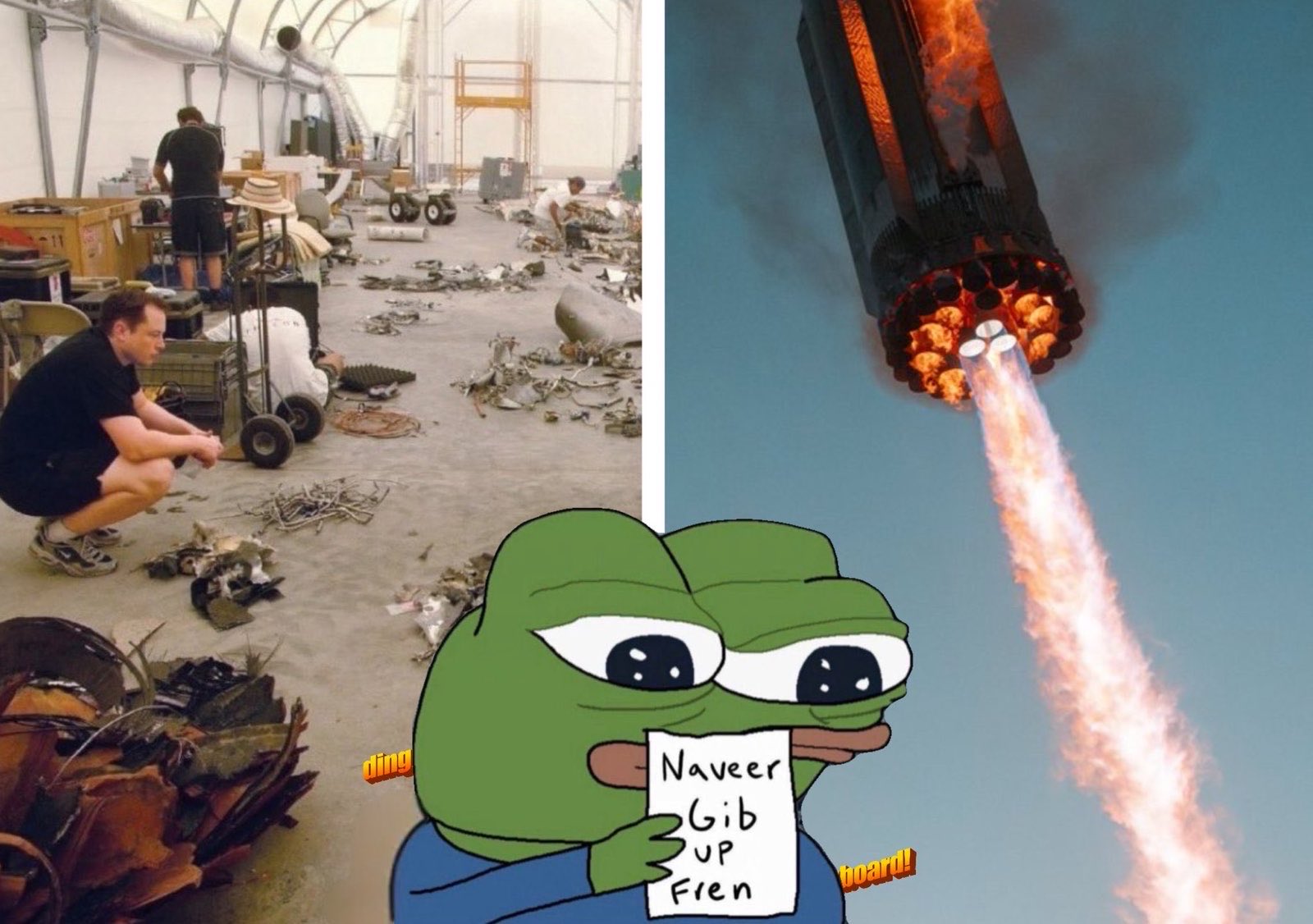 A meme collage consisting of three main elements. On the left, a photo shows people in a large hangar or workshop examining scattered wreckage and debris. On the right, a photo shows a rocket stage falling through the sky with fire and flames emitting from its engines. Superimposed in the foreground is a cartoon illustration of Pepe the Frog with large, watery eyes, holding a sign that reads 'Naveer Gib up Fren'. The words 'ding' and 'board!' are partially visible in small orange text on either side of the character.