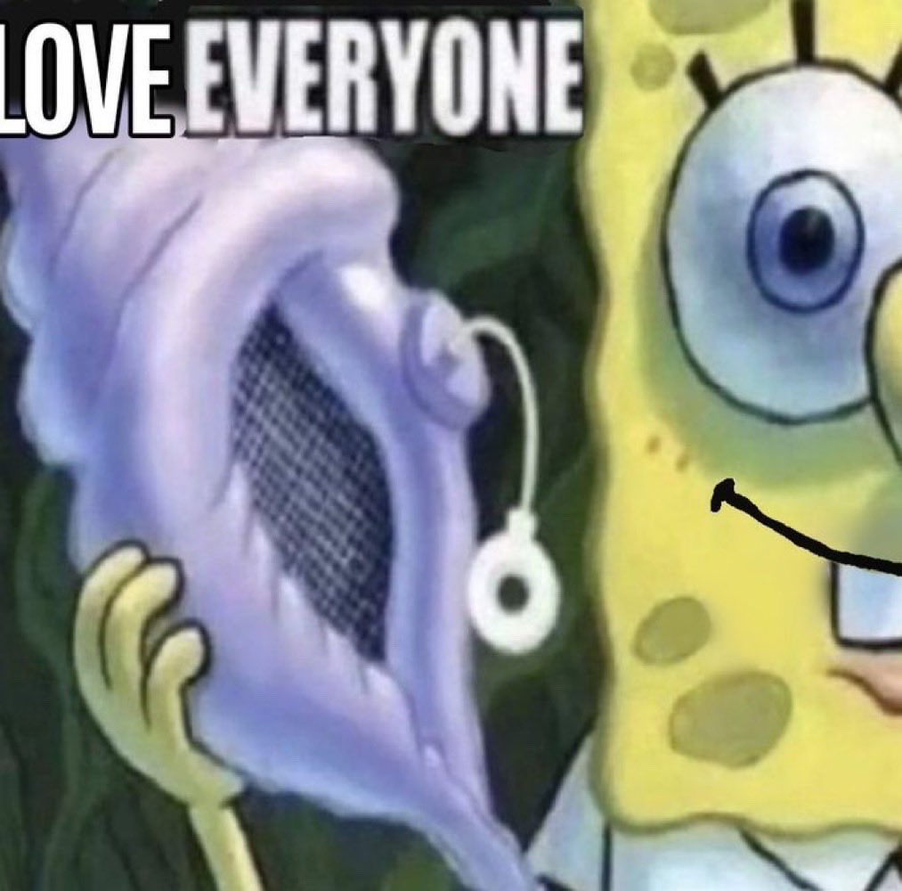 A meme featuring a close-up of SpongeBob SquarePants. He is holding a purple conch shell that has been modified to look like a speaker or a megaphone, complete with a mesh screen and a small white circular component attached to the side. At the top of the image, there is white capitalized text that reads 'LOVE EVERYONE'.