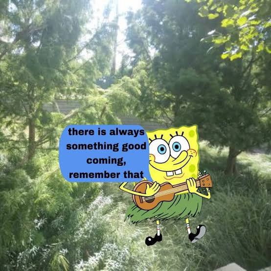A digital composite image featuring a cartoon character, SpongeBob SquarePants, overlaid on a photographic background of lush green trees and foliage in a sunny outdoor setting. SpongeBob is depicted playing an acoustic guitar and is positioned next to a blue speech bubble containing text.