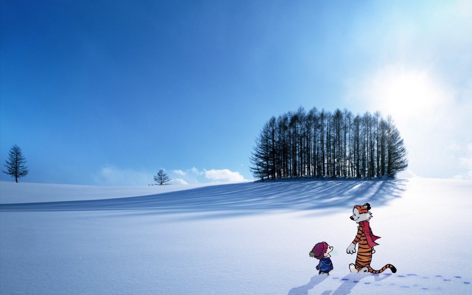 A digital illustration featuring a vast, snowy landscape under a bright blue sky. In the lower right foreground, two cartoon characters—a small child in a purple hat and blue coat, and a tall, anthropomorphic tiger wearing a red striped scarf—are walking away from the viewer towards a small cluster of dark trees on a hill. A long shadow from the trees stretches across the pristine white snow toward the characters. The sun is shining brightly in the top right corner, casting a strong light and creating a lens flare effect.