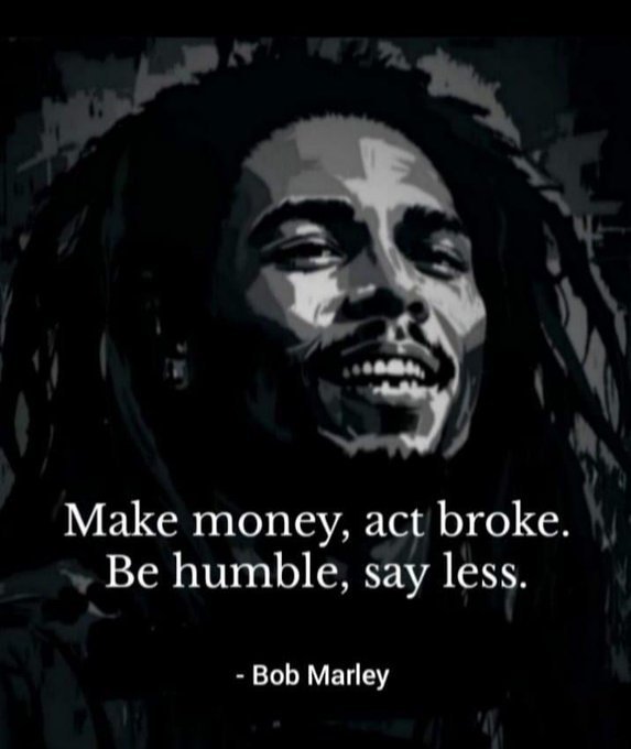 A stylized, high-contrast graphic portrait of Bob Marley. The image uses a dark color palette with shades of black, grey, and muted tones to highlight his facial features and dreadlocks. At the bottom of the image, there is a quote in white serif font followed by his name.