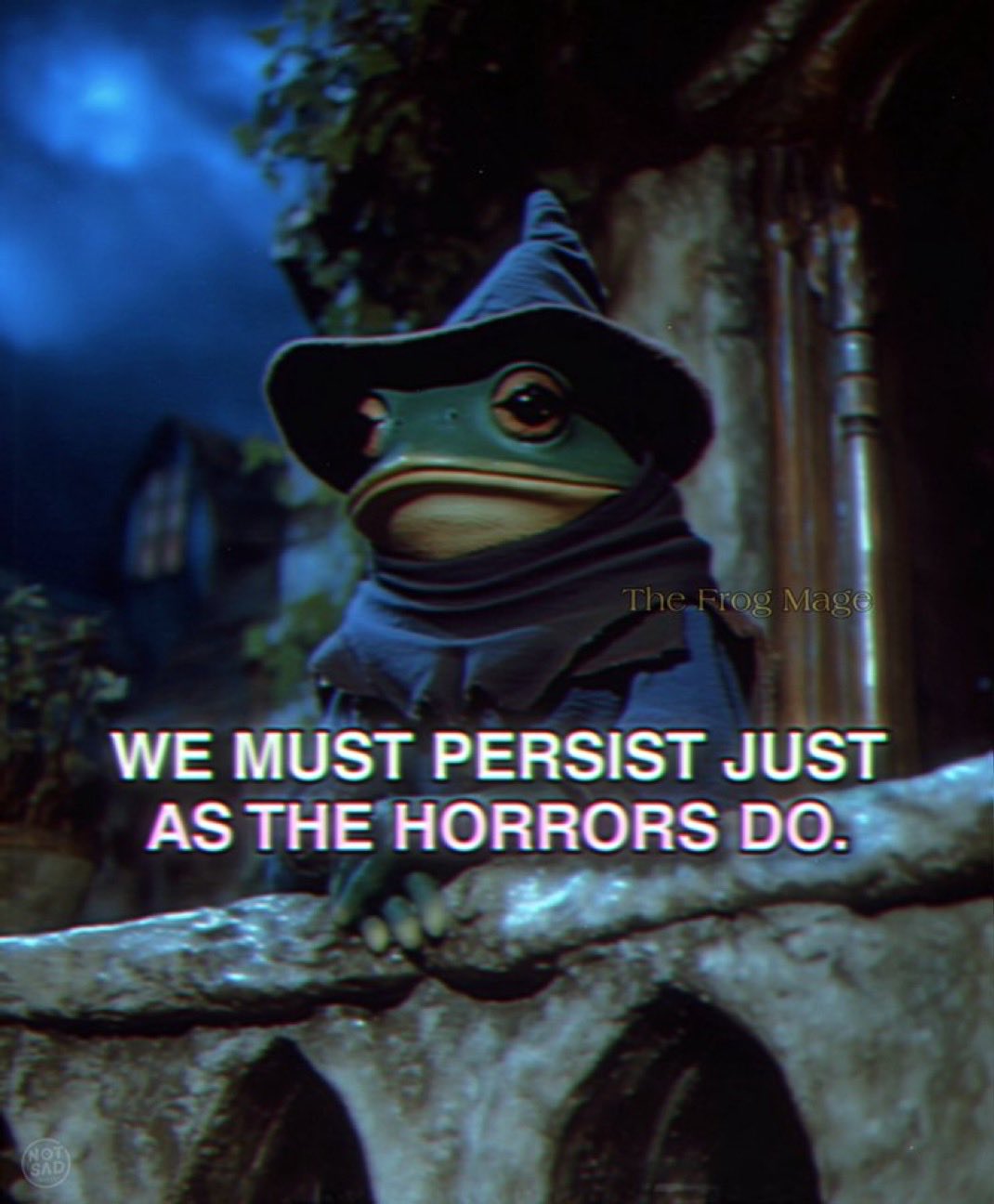 A surreal, low-fidelity image featuring a large green frog dressed as a wizard or mage, wearing a dark pointed hat and a blue cloak/scarf. The frog is positioned as if looking over a stone balcony or ledge at night. The background shows a dark, moonlit scene with trees and a building. The image has a meme-like aesthetic with superimposed text.