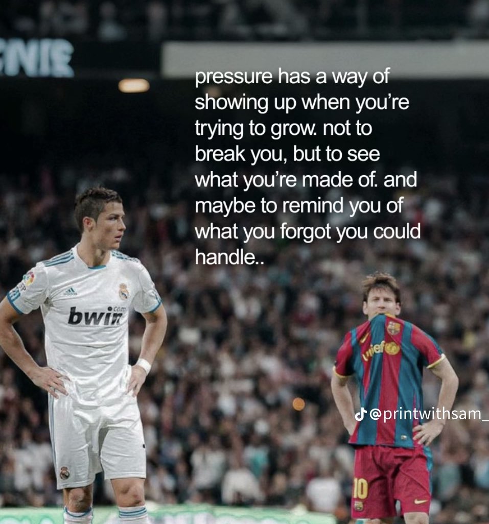 A vertical image featuring two professional soccer players on a field during a match, with a large crowd in the blurred background. On the left, Cristiano Ronaldo is seen in a white Real Madrid kit, standing with his hands on his hips looking to the side. On the right, Lionel Messi is seen in a red and blue Barcelona kit, looking upwards with his hands on his hips. Overlaid on the right side of the image is an inspirational quote in white text, and a TikTok watermark at the bottom right.