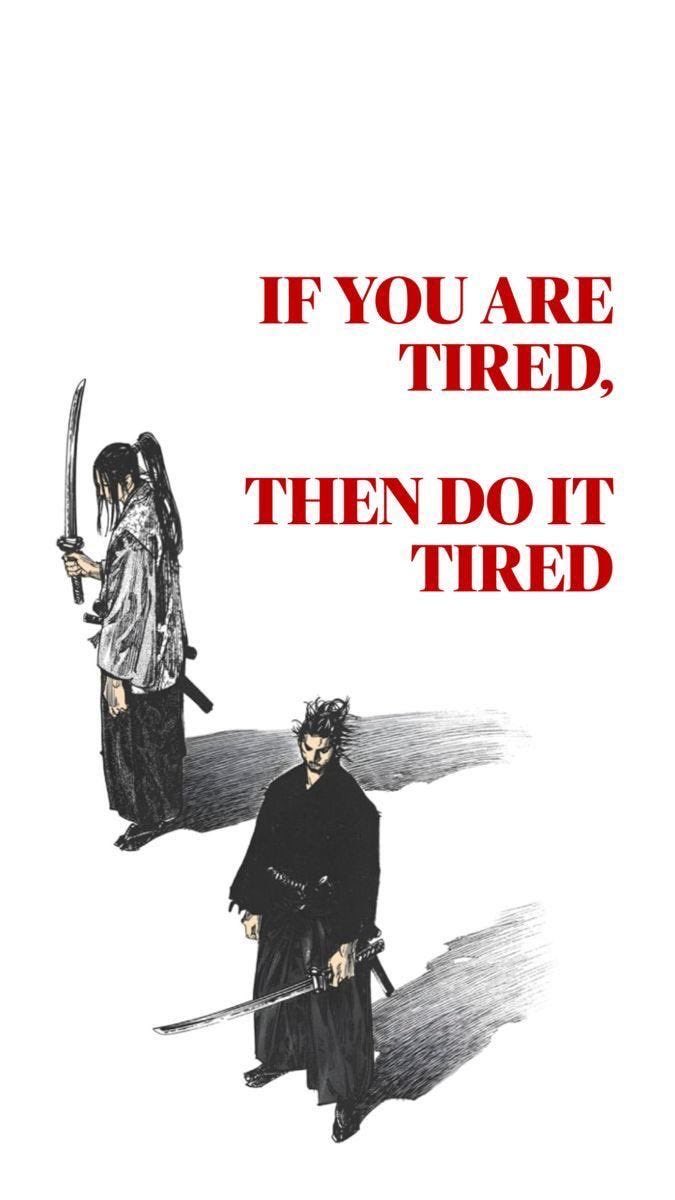 A minimalist motivational poster with a white background. The image features two black and white ink-style illustrations of samurai. One samurai stands on the left, seen from the side, holding a katana upright. The second samurai is positioned lower in the center, walking forward while holding a katana in front of him. Large, bold red text is overlaid on the right side of the image.