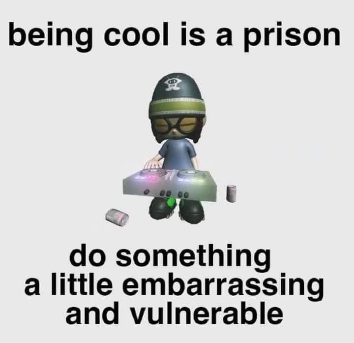 A meme featuring a small, 3D-rendered character with a dark complexion, wearing a green and black striped hat, large black glasses, and a blue shirt. The character is playing a light blue electronic keyboard or synthesizer. The background is a plain, light gray color. The image contains text at the top and bottom.