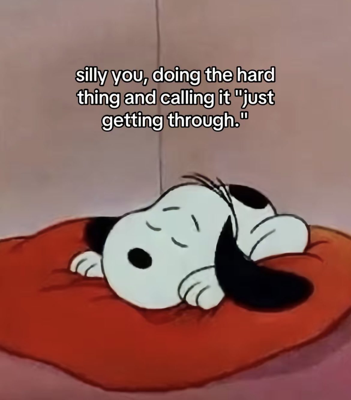 An animated scene featuring the character Snoopy from Peanuts, lying down on his red doghouse bed. Snoopy appears to be resting or looking slightly melancholic. Above the character, there is white text overlaying the image.