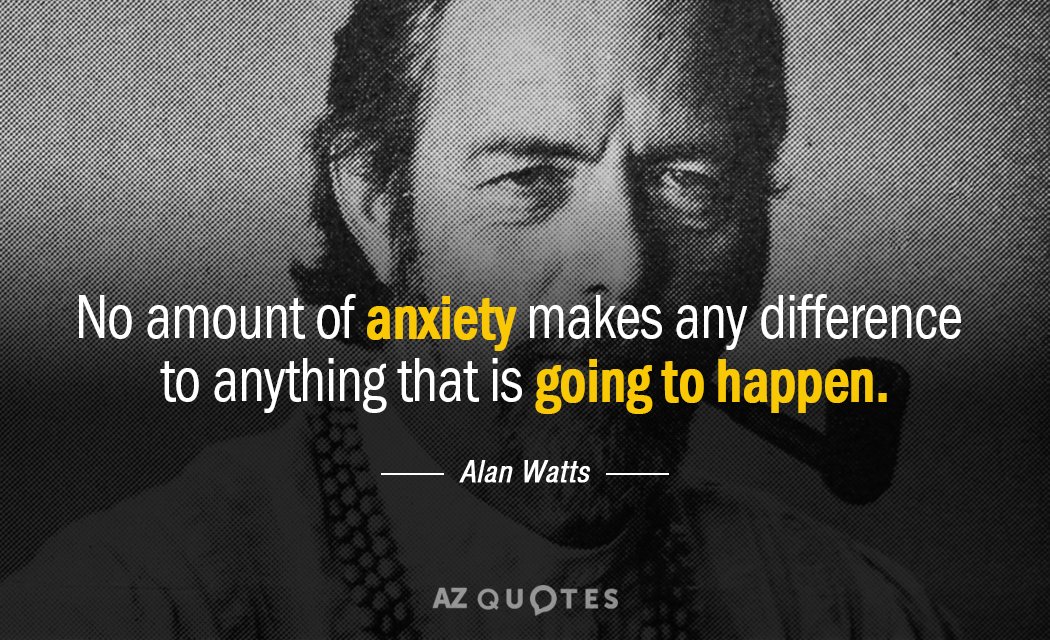 A black and white, halftone-style portrait of a man (Alan Watts) looking slightly towards the camera. Superimposed over the image is a quote in white and yellow text, followed by the author's name and a website watermark at the bottom.