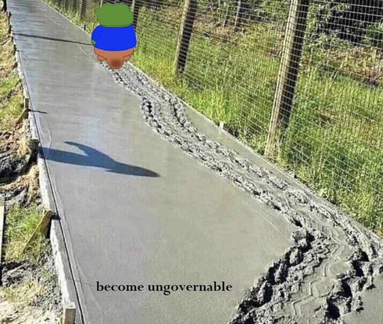 A meme featuring a long, narrow strip of wet concrete being poured. A crudely drawn digital character with a green head, blue torso, and brown bottom is positioned at the far end of the concrete path, appearing to have left a trail of messy footprints behind it. At the bottom of the image, the text 'become ungovernable' is written in black lowercase letters.
