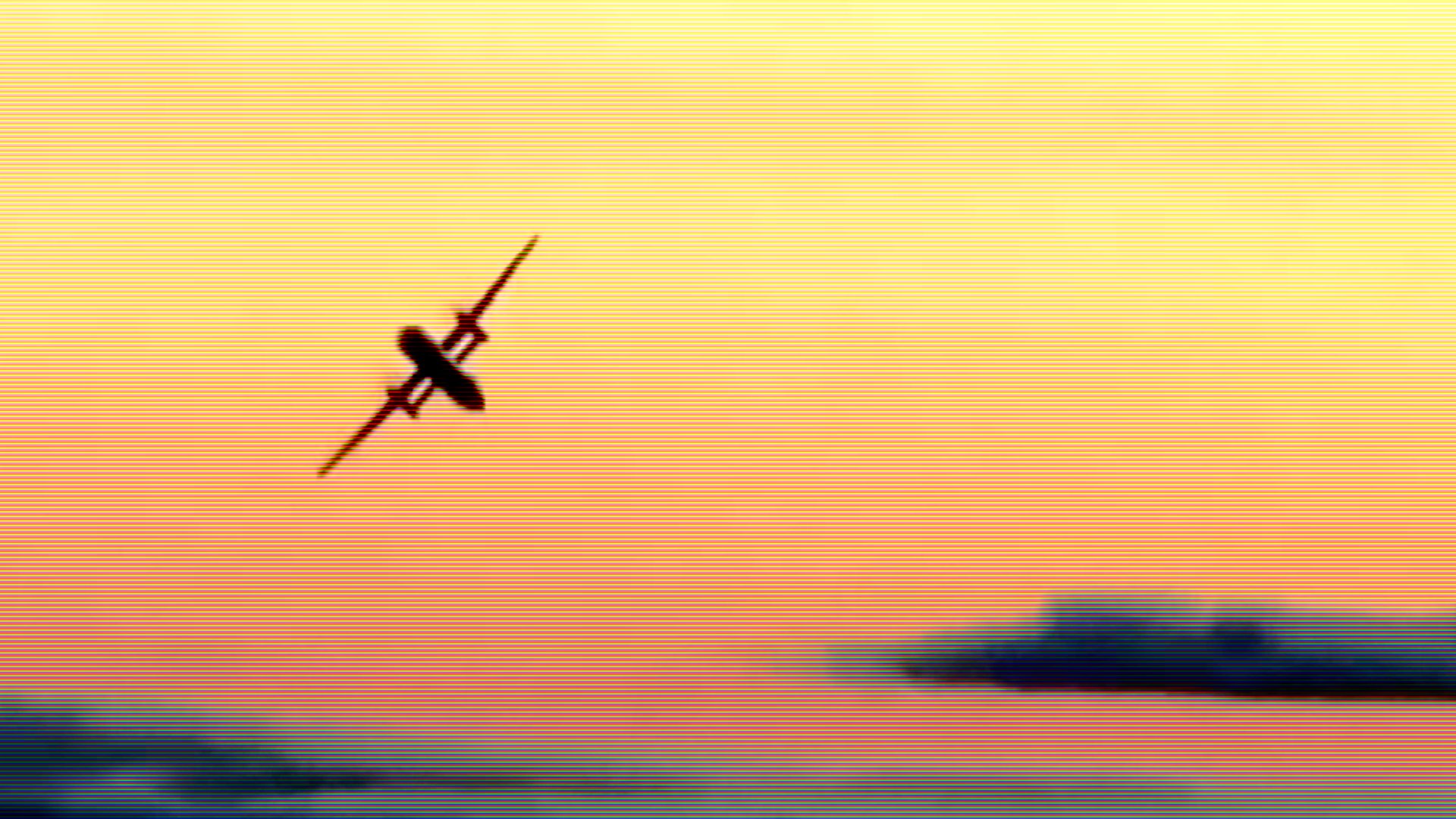 A silhouette of an airplane flying against a sunset sky. The image has a heavy scanline effect, giving it a retro or VHS-like aesthetic. The sky transitions from a light yellow at the top to an orange hue in the middle, with dark clouds visible at the bottom.