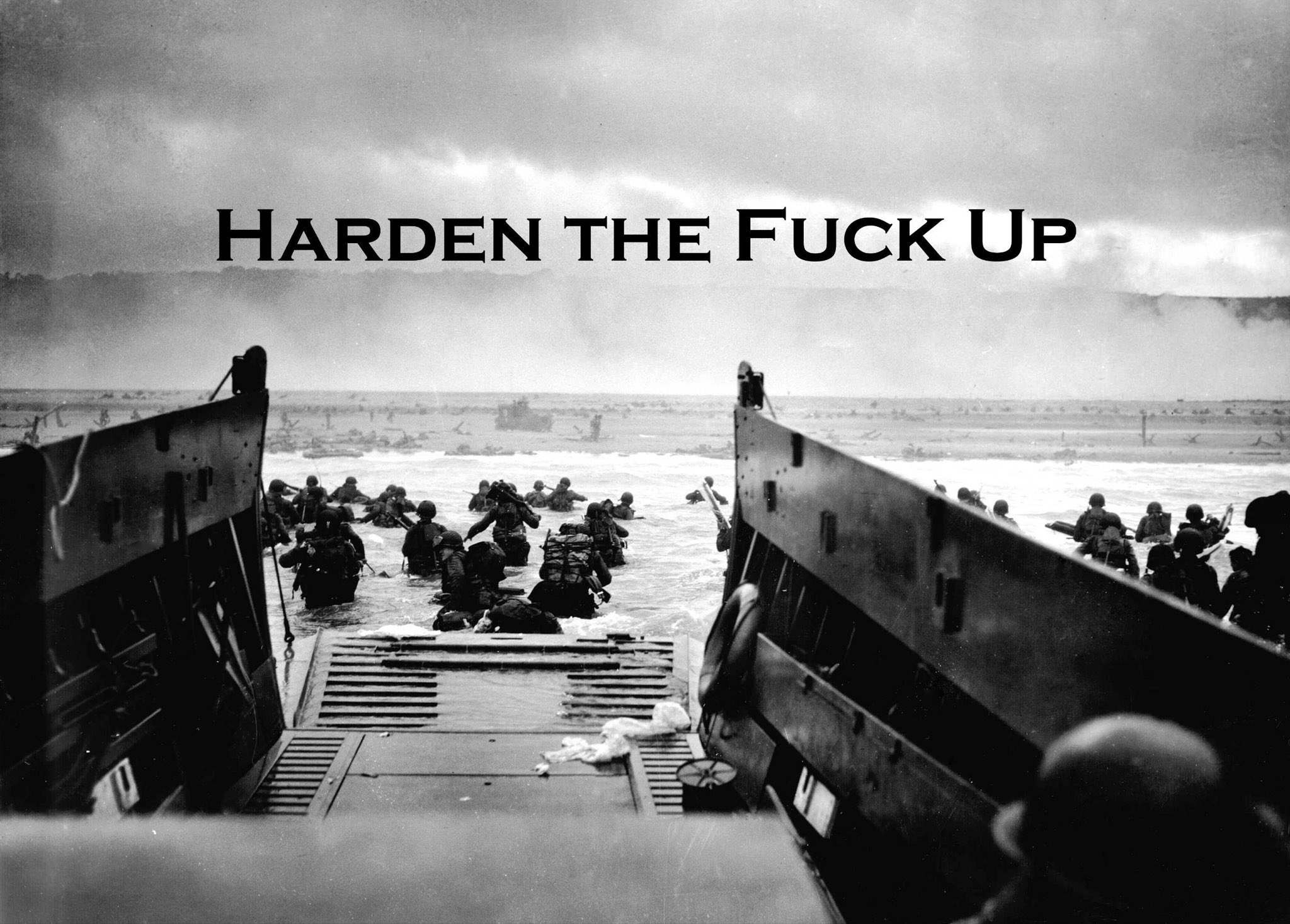 A black and white photograph taken from the perspective of a soldier inside a landing craft. The front ramp of the vessel is open, revealing a group of soldiers in combat gear wading through shallow water toward a beach. The background shows a coastline under a cloudy sky. Large, bold, serif text is superimposed over the top center of the image.