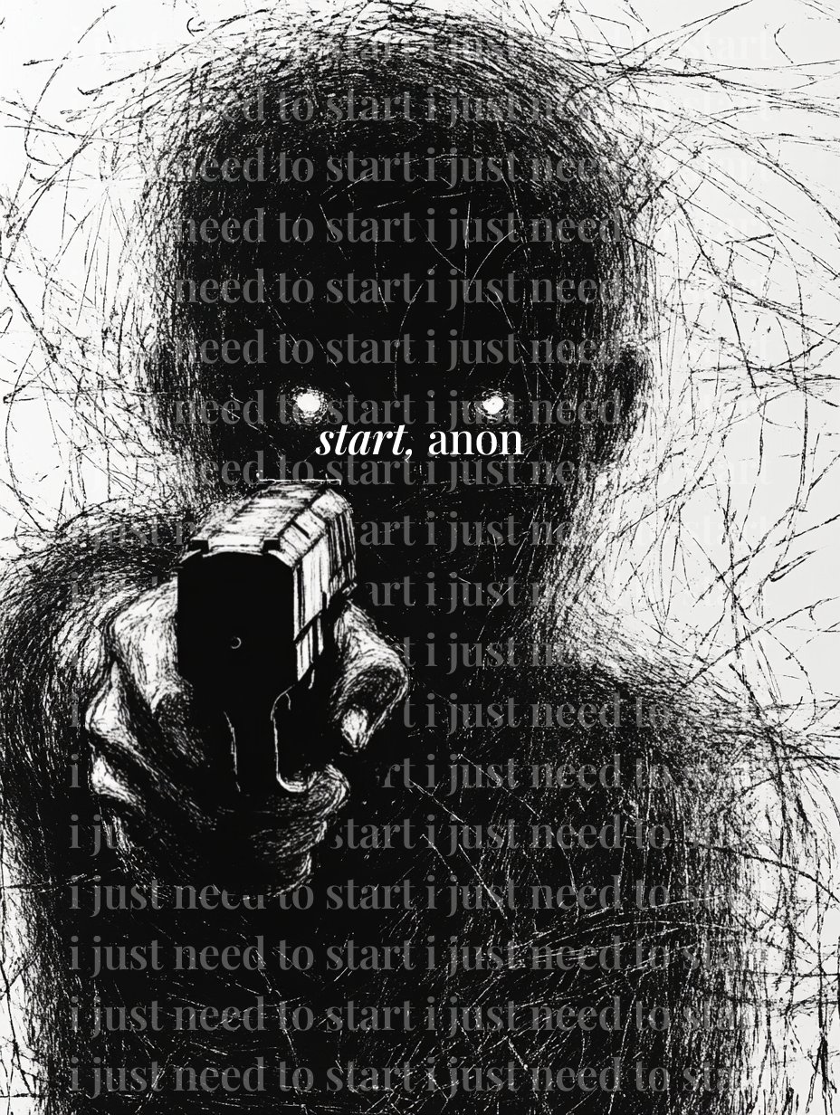 A dark, high-contrast, black and white digital illustration in a scratchy, sketch-like style. It depicts a shadowy, humanoid figure with glowing white eyes, pointing a handgun directly at the viewer. The background and the figure's body are composed of dense, chaotic lines and scribbles. The phrase 'start, anon' is printed in bold white serif text in the center, overlaid on a repeating background pattern of the phrase 'i just need to start i just need to'.