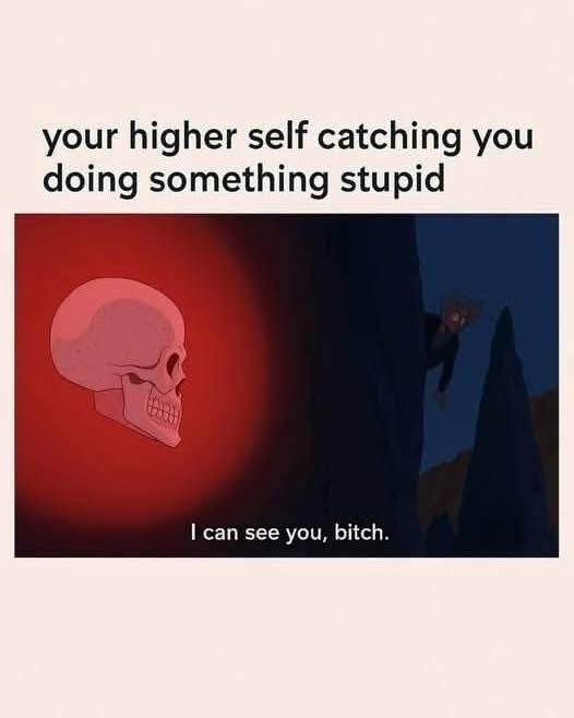 A meme featuring a dark, moody scene. At the top, there is black text that reads 'your higher self catching you doing something stupid'. Below the text is an image showing a large, glowing red skull on the left side of the frame, looking towards the right. On the right side, a dark silhouette of a person is peeking out from behind a large rock or wall in a dark environment. At the bottom of the image, white text reads 'I can see you, bitch.'
