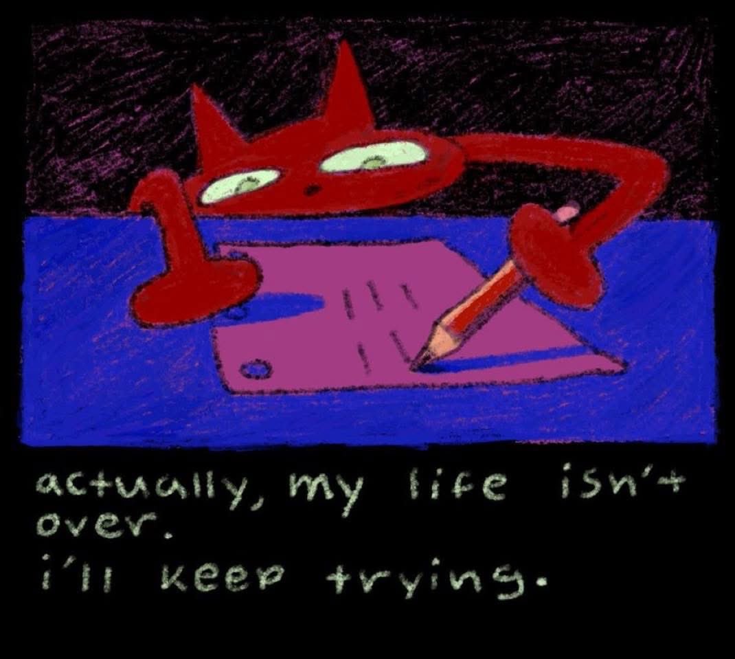 A digital drawing in a crayon or pastel style featuring a red, cat-like creature with large eyes. The creature is leaning over a blue surface, holding a pencil and writing on a purple piece of paper. The background above the blue surface is dark purple/black. Below the drawing, on a black background, there is handwritten-style white text.