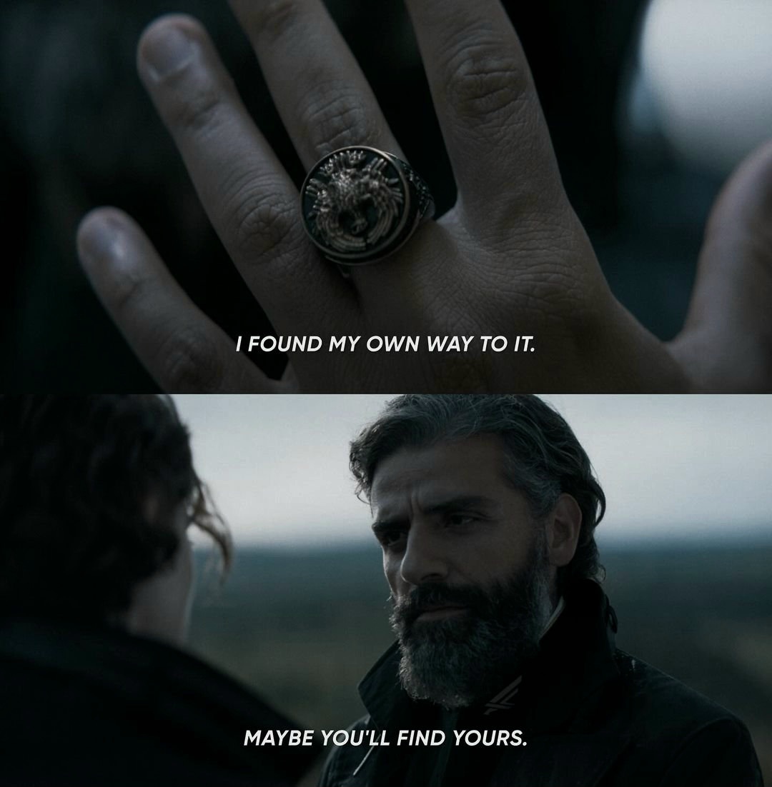 A two-panel image containing cinematic stills from a television show. The top panel is a close-up shot of a hand wearing a large, ornate dark metal ring with a crest design. The bottom panel shows a medium shot of a man with dark, salt-and-pepper hair and a thick beard, looking intently at another person whose back is to the camera. The setting appears to be outdoors at dusk or dawn.