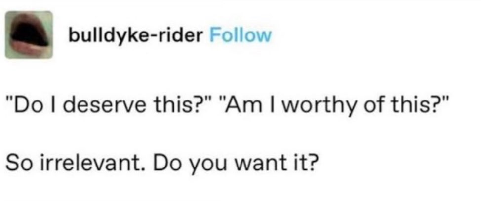 A screenshot of a social media post or meme. At the top, there is a profile icon and a username 'buldyke-rider' with a blue 'Follow' button next to it. Below the profile information, there is text that reads: '"Do I deserve this?" "Am I worthy of this?" So irrelevant. Do you want it?'