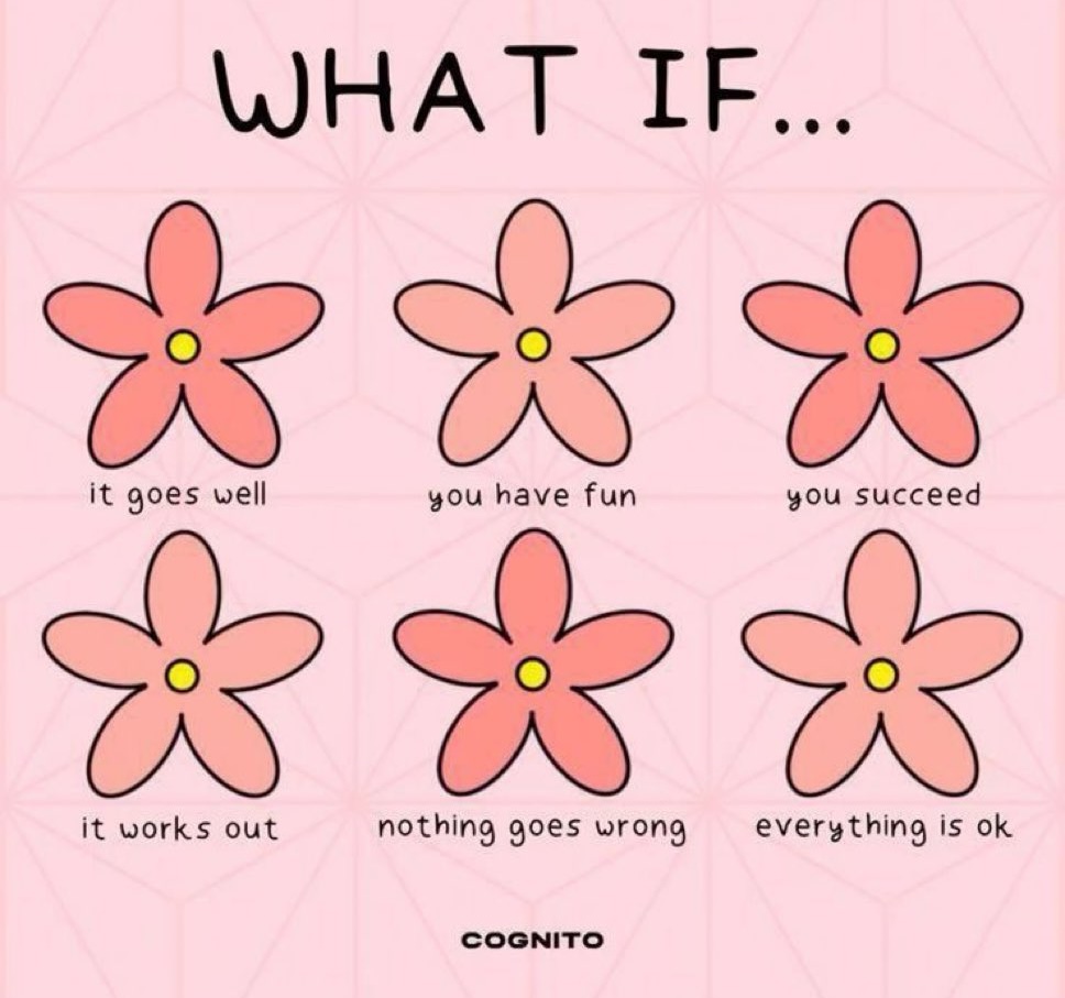 A motivational graphic with a light pink background featuring a subtle geometric pattern. At the top, the words 'WHAT IF...' are written in large, black, hand-drawn capital letters. Below this, there are six identical pink flower illustrations arranged in two rows of three. Each flower has five petals and a small yellow center. Beneath each flower is a short phrase in lowercase, handwritten-style black text: 'it goes well', 'you have fun', 'you succeed', 'it works out', 'nothing goes wrong', and 'everything is ok'. At the bottom center, the word 'COGNITO' is printed in bold, black, sans-serif capital letters.