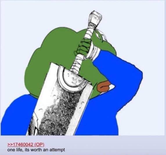 A digital illustration featuring a green, frog-like character (Pepe the Frog) wearing a blue shirt. The character is hunched over in a sorrowful or defeated pose, with its head bowed down. The character is holding a large, heavy-looking sword with a metallic blade and a hilt, which appears to be resting on the ground or against its body. The background is a plain, light blue color. At the bottom of the image, there is a text overlay typical of an internet forum post.