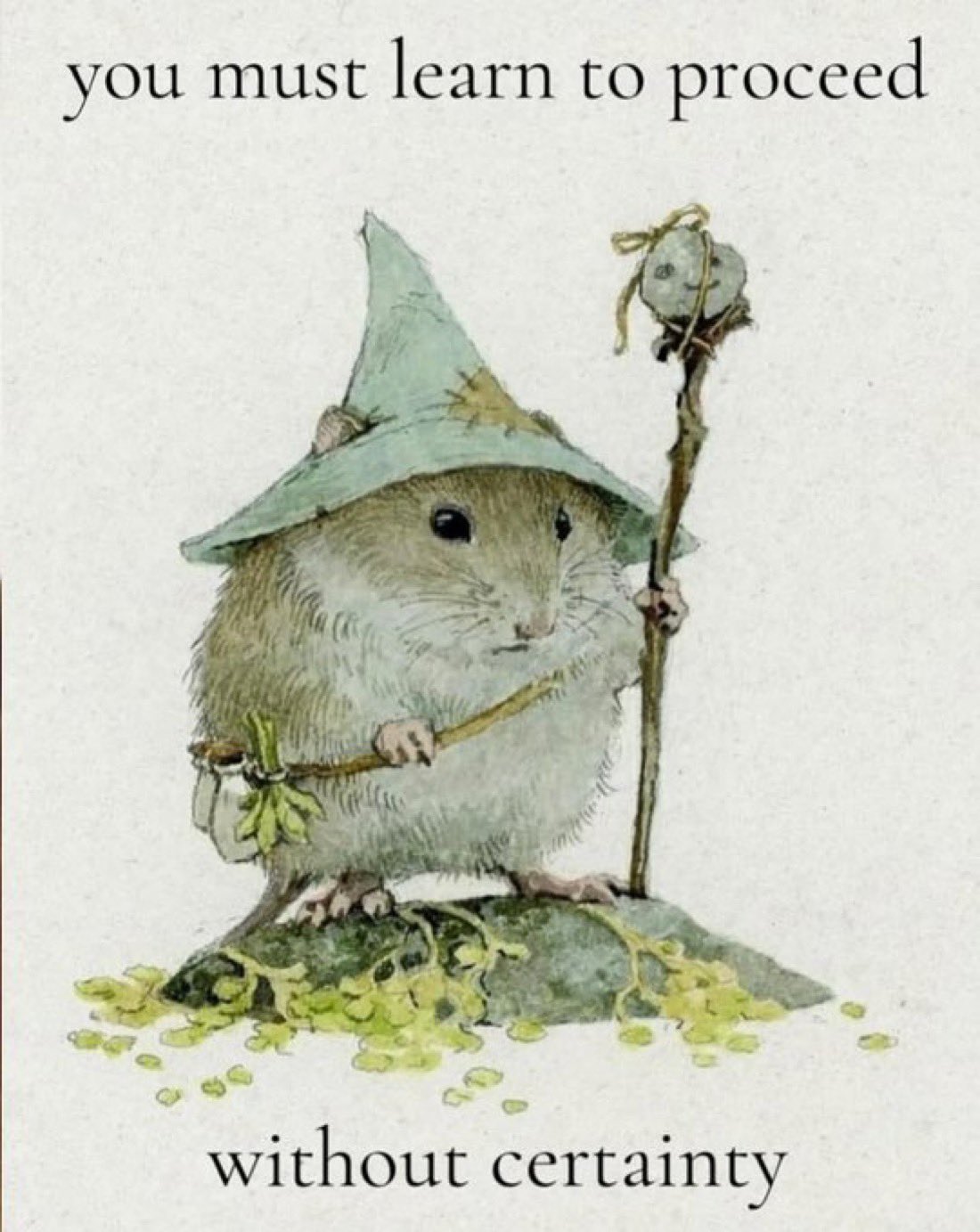 A whimsical watercolor-style illustration of a small rodent, resembling a hamster or mouse, dressed as a wizard. The creature wears a pointed, light green wizard's hat and holds a tall, thin wooden staff topped with a small, smiling skull. It stands on a mossy rock surrounded by tiny yellow flowers. The overall tone is gentle and philosophical.