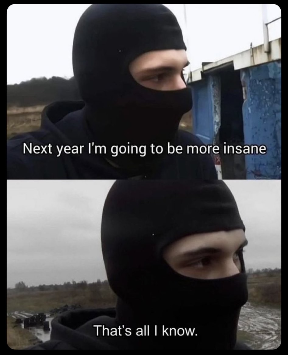A two-panel meme featuring the same person in both frames. The person is wearing a black balaclava (ski mask) and a black hoodie, looking off to the side against an outdoor, overcast background. The top panel shows a medium shot of the person, and the bottom panel shows a closer shot of their face. The image contains text overlays used for comedic effect.