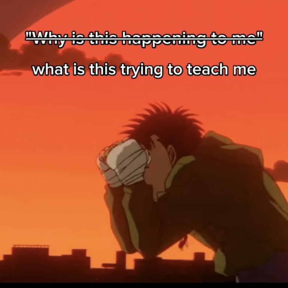 An anime-style scene featuring a man with dark, spiky hair leaning forward with his head in his hands, appearing distressed or exhausted. He is wearing a green jacket. The background shows a silhouette of a city skyline against a vibrant orange and red sunset sky. The image is formatted as a meme with text overlaid at the top.