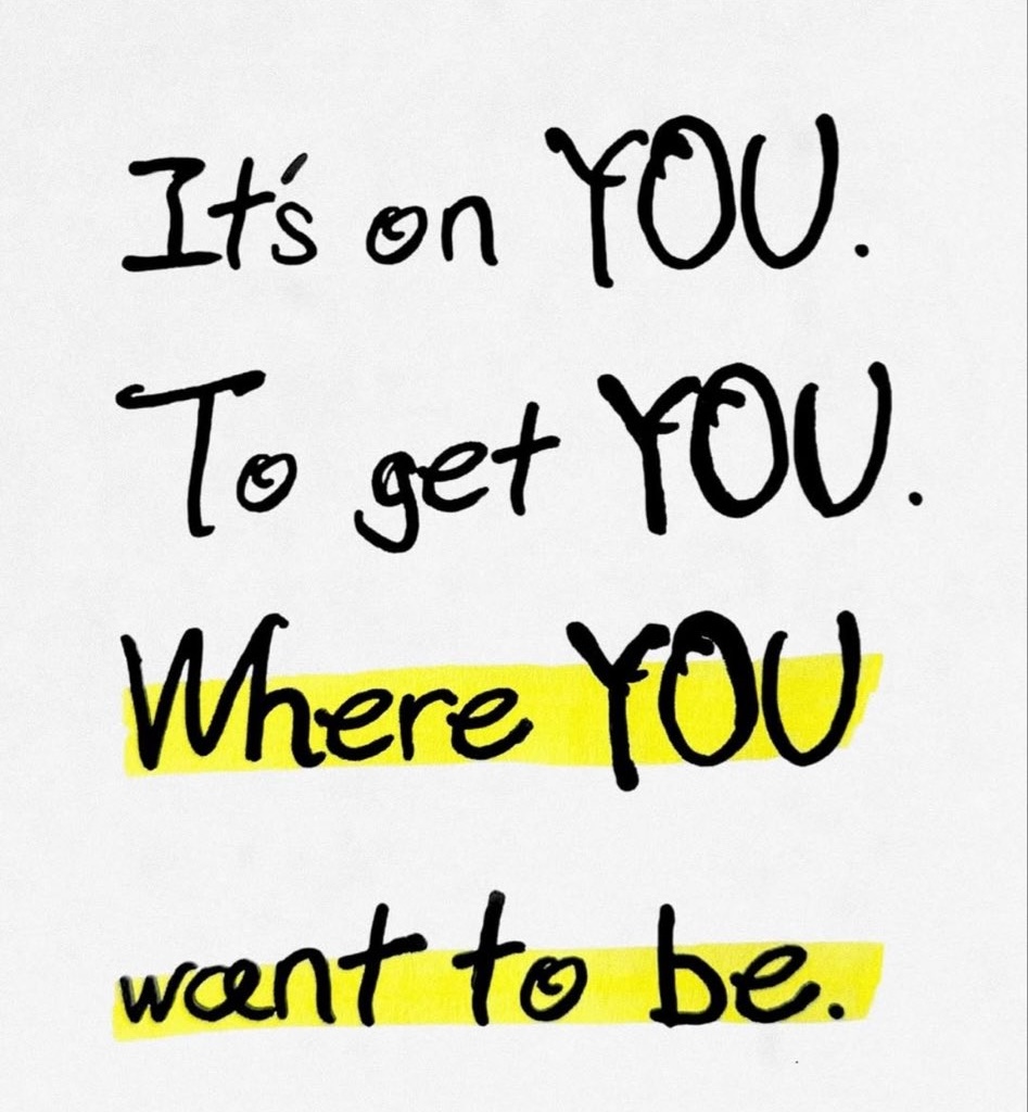 A motivational quote written in black, hand-drawn style lettering on a white background. The words 'Where YOU' and 'want to be.' are highlighted with a bright yellow brushstroke effect behind the text.