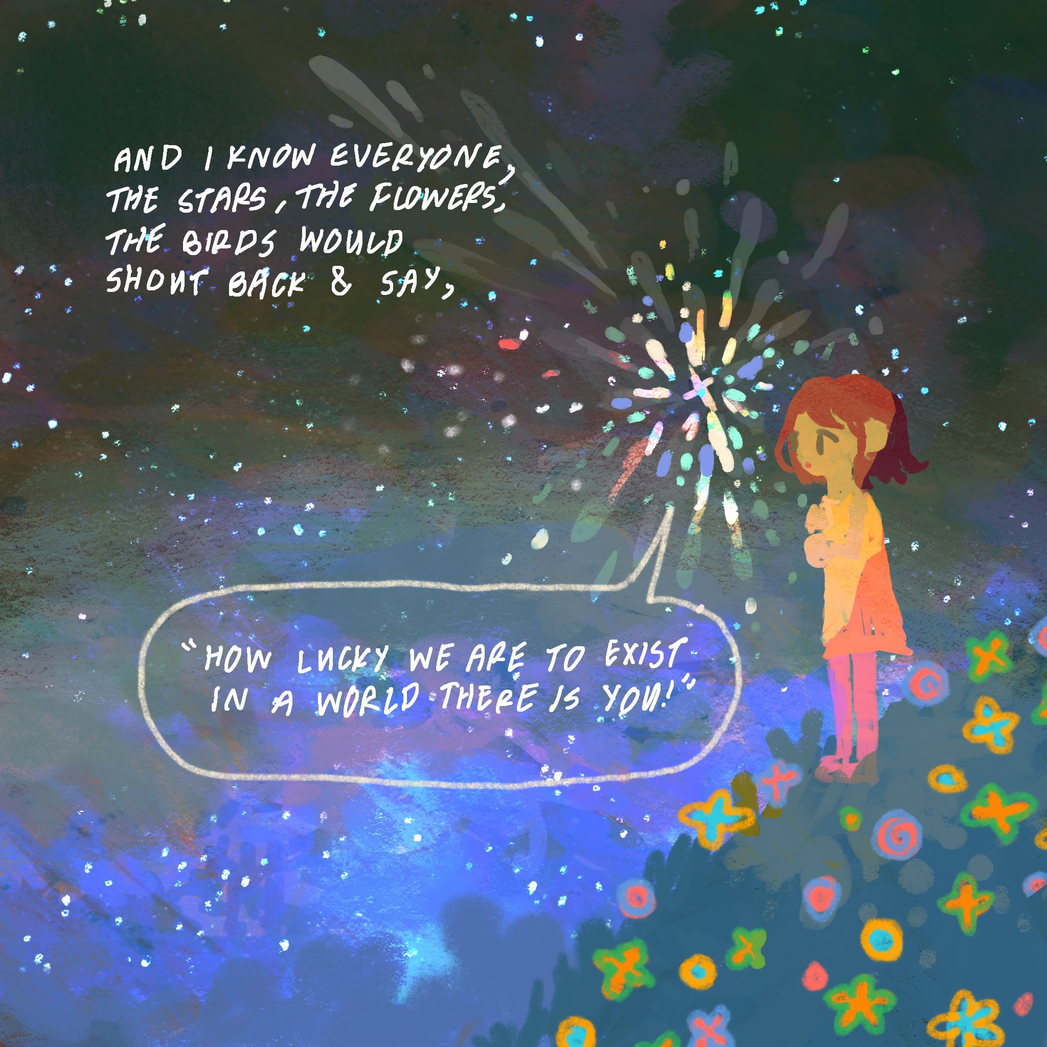 A digital illustration in a whimsical, painterly style depicting a small girl with reddish-brown hair standing in a field of colorful, stylized flowers. She is looking up at a bright, sparkling light or starburst in a dark, cosmic sky filled with many small, glowing dots resembling stars. The background has a textured, dreamy quality with hues of deep blue, teal, and dark green. There is text in the upper left corner and a quote inside a speech bubble pointing towards the girl/light.