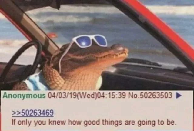 A low-resolution meme featuring a close-up shot of an alligator sitting in the driver's seat of a red car. The alligator is wearing white-rimmed blue sunglasses and appears to be looking forward through the windshield. The background shows a blurred view of a beach and ocean waves. Below the image is a screenshot of a text-based forum post, likely from 4chan, containing a timestamp, a post number, and a caption.