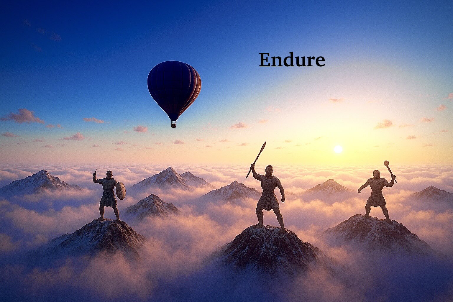 A surreal landscape featuring three stone warrior statues standing atop separate snow-capped mountain peaks that emerge from a thick sea of clouds. The central warrior holds a spear aloft, the left warrior holds a shield, and the right warrior holds a club. A dark hot air balloon floats in the blue sky above the mountains. The scene is set during a sunrise or sunset, with a warm glow from the sun on the horizon casting light through the clouds. The word 'Endure' is written in a black serif font in the upper right quadrant of the sky.