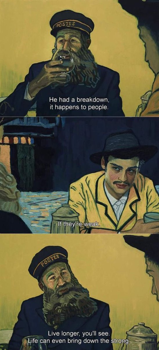A three-panel vertical meme using Vincent van Gogh's paintings to create a cinematic dialogue. The top and bottom panels feature the painting 'The Man with the Pipe' (Portrait of Joseph Roulin), showing a bearded man in a dark jacket and a cap labeled 'POSTES' drinking from a glass. The middle panel features 'The Man with the Straw Hat,' showing a younger man in a yellow jacket looking sideways. The text overlays create a dark, philosophical dialogue between the characters.