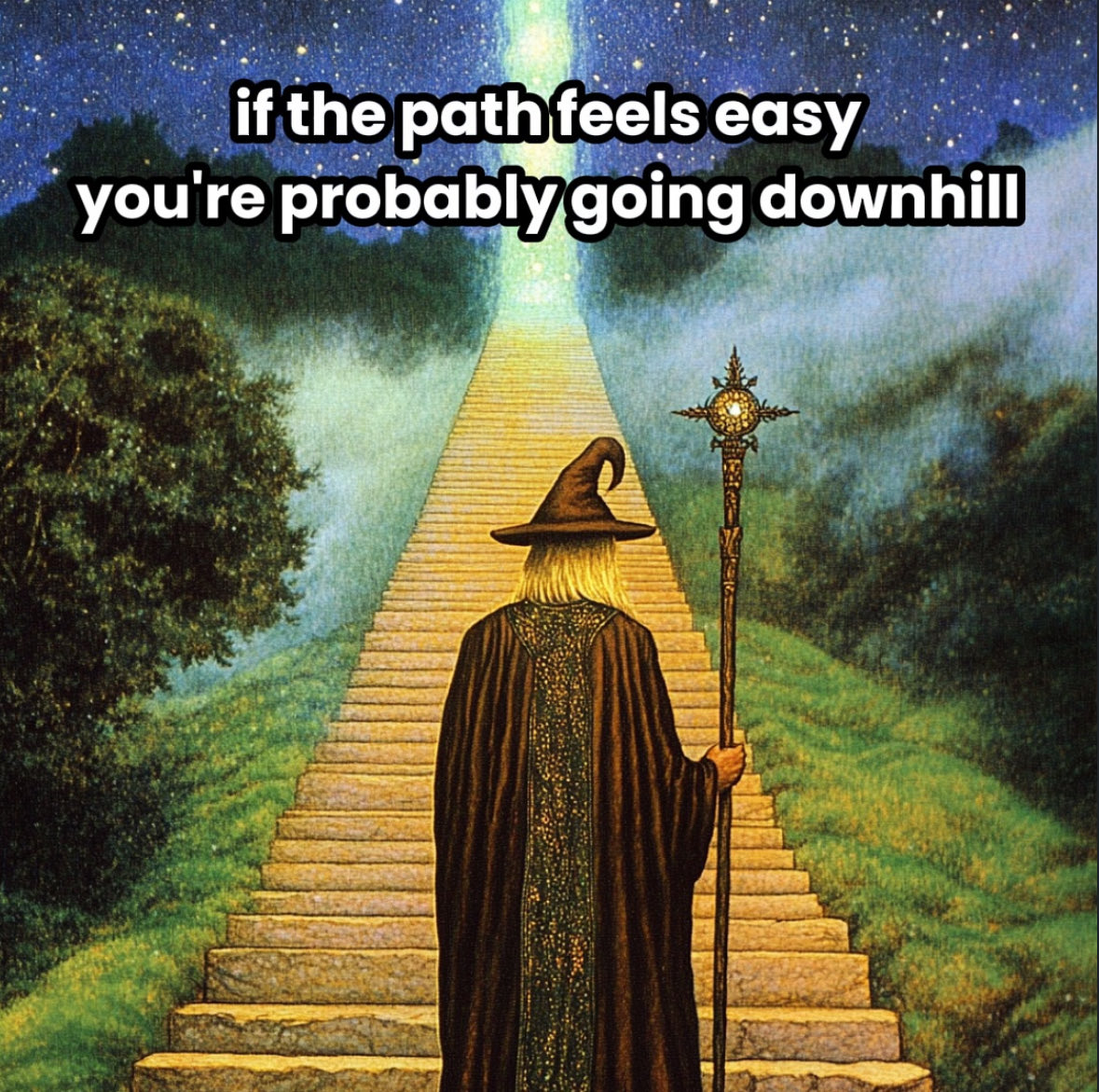 A fantasy-style illustration depicting a wizard from behind, wearing a dark robe and a pointed hat, holding a long, ornate staff. He is standing at the base of a long, steep stone staircase that leads up into a bright, glowing light amidst a starry night sky. The staircase is flanked by lush green hills and trees. Large white text is overlaid at the top of the image.