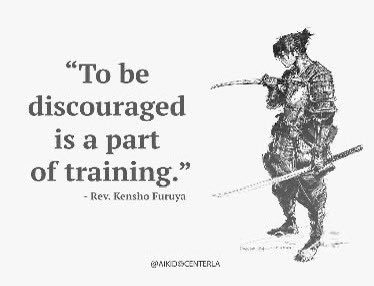 A black and white illustration featuring a quote on the left and a drawing of a samurai on the right. The samurai is shown in profile, wearing traditional armor and holding a sword. The text is written in a clean, serif typeface.