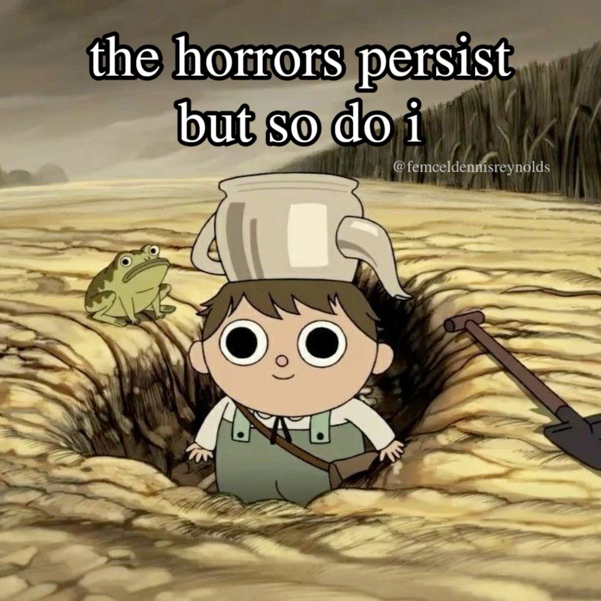 A meme featuring an illustration of a young boy with large, round eyes popping out of a hole in a dry, cracked landscape. The boy is wearing green overalls and has a large white teapot balanced on his head. To his left, a small green frog sits near the edge of the hole, and a shovel lies on the ground to his right. The background shows a barren field under a cloudy sky. Large white text with a black outline is superimposed at the top of the image.