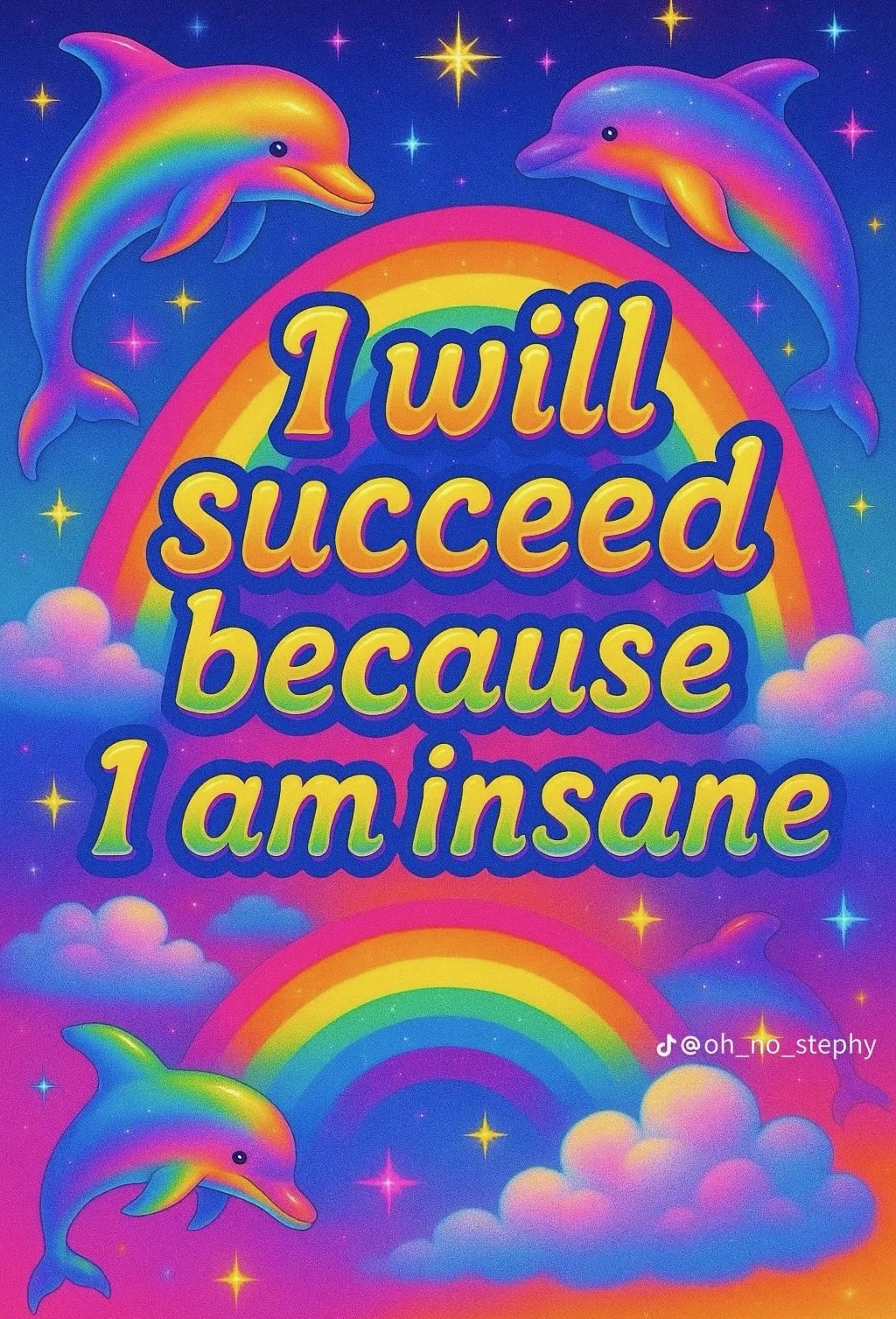 A colorful, psychedelic, and dreamlike digital illustration featuring a vibrant cosmic background with stars, rainbows, clouds, and rainbow-colored dolphins. The center of the image features large, stylized, bubbly text overlaid on a rainbow. The overall aesthetic is whimsical and high-saturation, reminiscent of 'dreamcore' or 'kidcore' art styles.