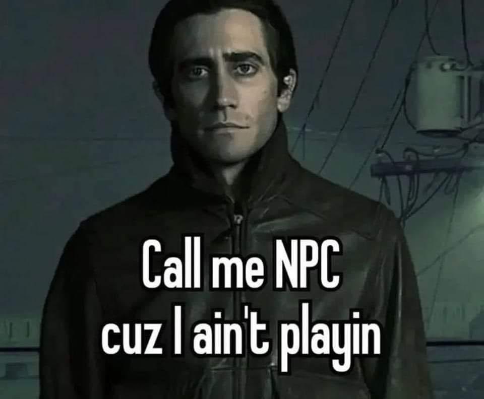 A meme featuring a medium shot of actor Jake Gyllenhaal looking directly at the camera with a serious expression. He is wearing a dark jacket. Overlaid on the bottom half of the image is white text with a black outline that reads 'Call me NPC cuz I ain't playin'.