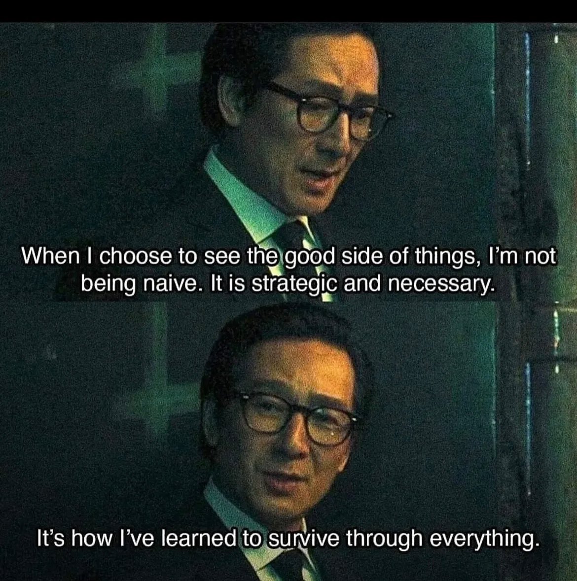 A two-panel meme featuring an Asian man with glasses wearing a dark suit and a light-colored shirt. The man is shown in two different close-up shots with a dark, moody background. Overlaid white text provides a philosophical quote spread across both panels.