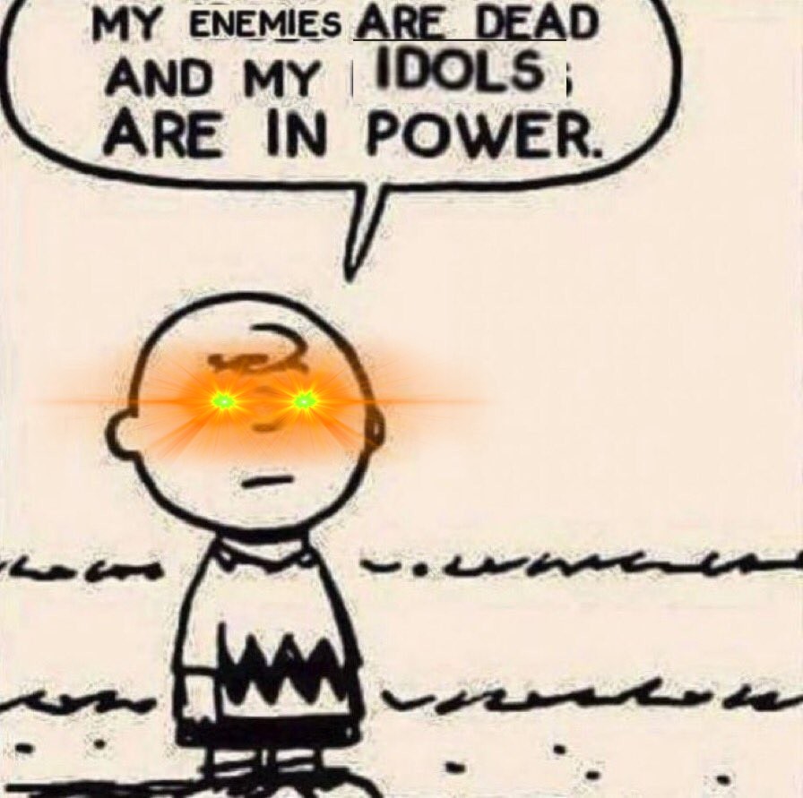 A digital meme featuring a character resembling Charlie Brown from the Peanuts comic strip. The character is depicted in a simple black and white line art style, wearing his signature zigzag sweater. His eyes have been edited to glow with bright, orange and yellow light. Above the character is a speech bubble containing text.