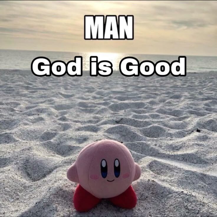 A meme featuring a pink Kirby plushie sitting on a sandy beach. The background shows a calm ocean under a bright, slightly overcast sky with the sun reflecting on the water. The image has large, bold white text with black outlines overlaid on it.