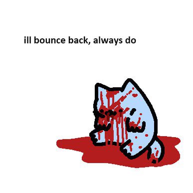 A simple digital drawing on a white background. It features a cartoonish, stylized character that appears to be a white creature with blue outlines, covered in red blotches that resemble blood splatters. Above the character, there is a line of text.