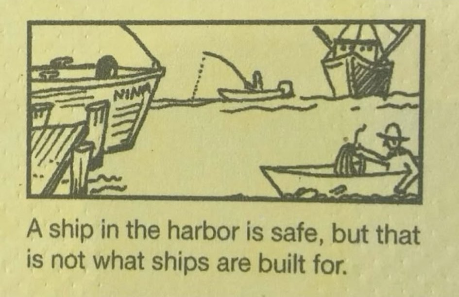 A black and white line drawing of a harbor scene featuring several boats. On the left, the bow of a larger boat with the name 'NINA' is docked at a pier. In the background, a small boat with a fishing rod is visible, and another larger boat is anchored further out. In the foreground on the right, a person in a hat is rowing a small boat. Below the illustration, there is a motivational quote.