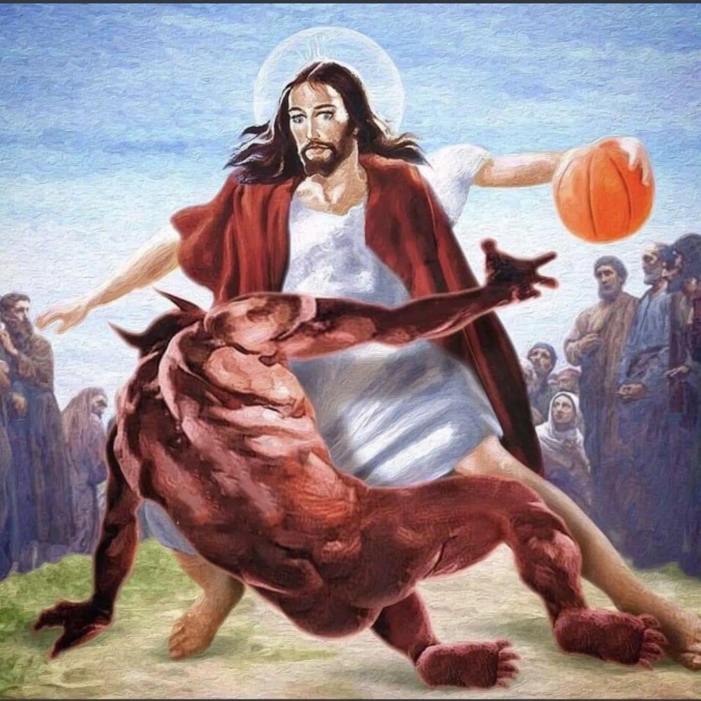 A surreal, digitally altered painting in a classical religious art style. It depicts a figure resembling Jesus Christ, complete with a halo, wearing a white tunic and red robe, performing a basketball move. He is holding a basketball in his left hand, poised to dribble or shoot, while stepping over a red, muscular, demonic figure sprawled on the ground. In the background, a crowd of onlookers in ancient-style clothing watches the scene under a bright sky.