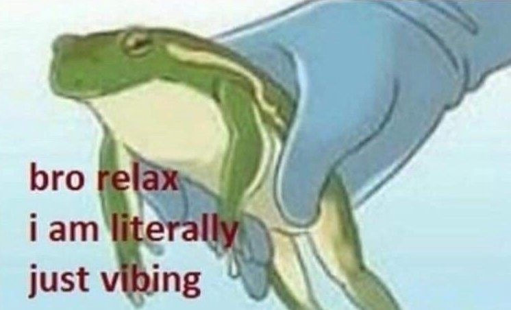A meme featuring a green frog being held by a hand wearing a blue medical glove. The frog has a calm expression. Red text is overlaid on the image.