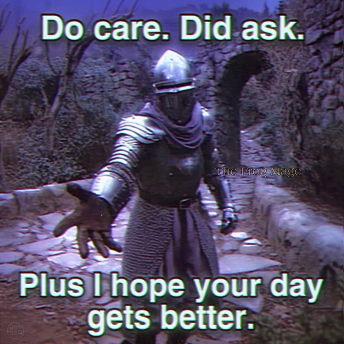 A low-resolution, purple-tinted meme image featuring a person in full medieval knight armor. The knight is standing in an outdoor setting with stone structures and trees in the background, reaching one hand out toward the viewer. Large white text with a thin black outline is overlaid at the top and bottom of the image.