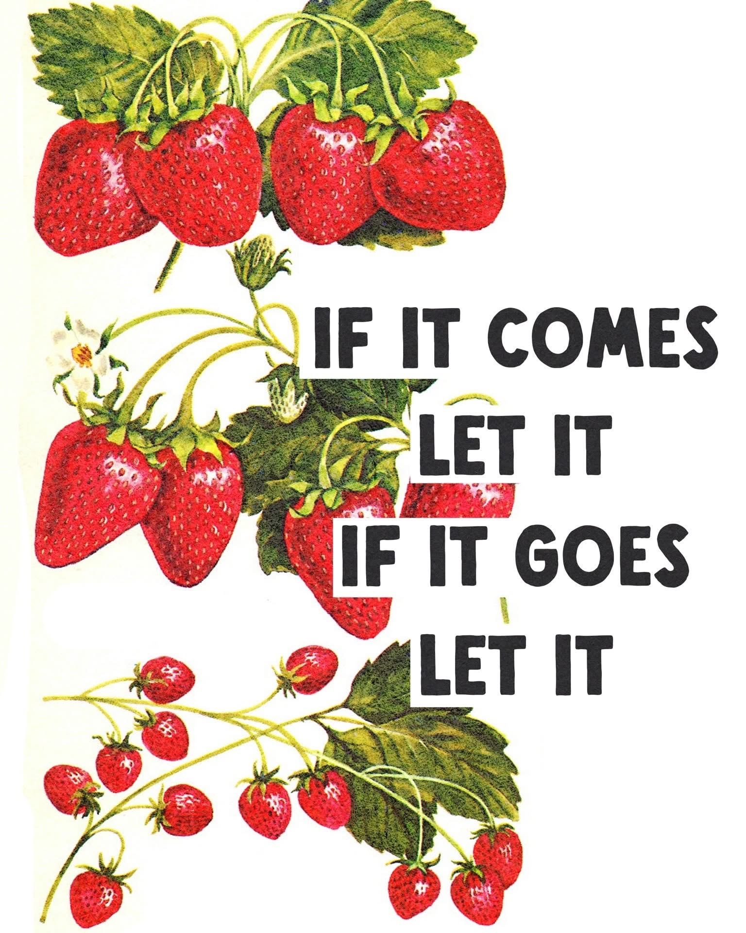 An illustration featuring three clusters of strawberries with green leaves on a white background. The top cluster has four large strawberries, the middle cluster has three large strawberries and one small flower, and the bottom cluster contains several smaller strawberries on thin stems. Overlaying the right side of the image is black, bold, sans-serif text arranged in four lines.