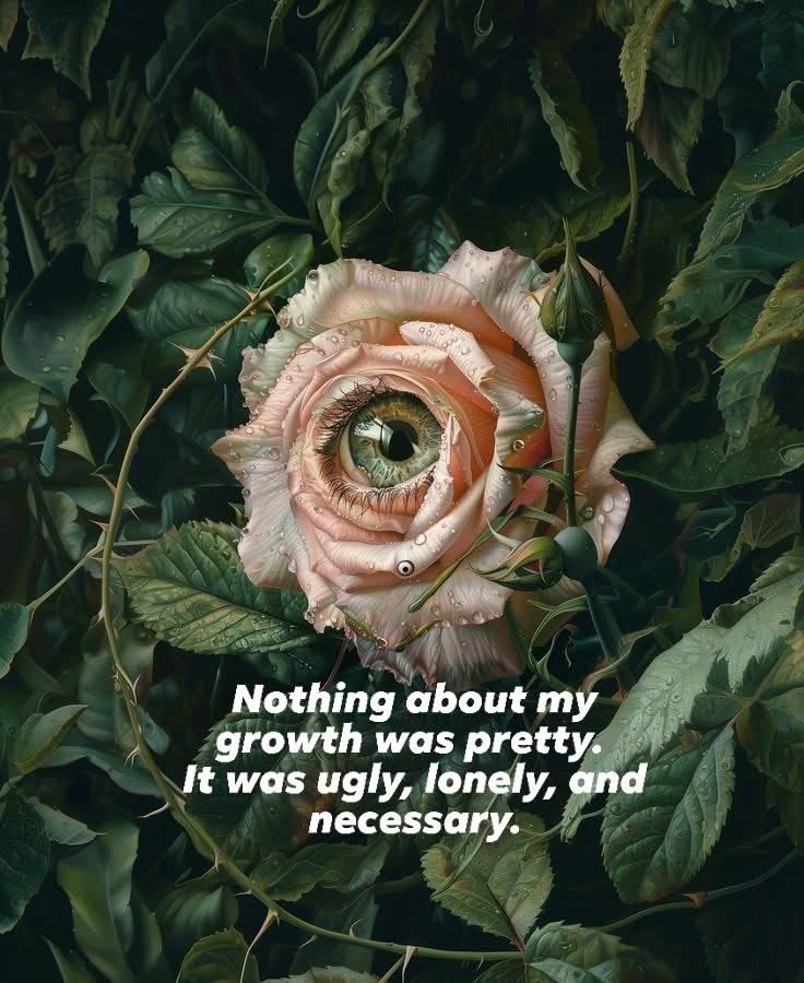 A surreal digital artwork featuring a large, pale pink rose centered in a dense thicket of dark green rose leaves and thorny stems. Instead of a central stamen, the heart of the rose contains a large, realistic human eye looking forward. The image has a moody, dark aesthetic with soft lighting and small water droplets on the petals and leaves. At the bottom of the image, there is white text overlaid on the foliage.