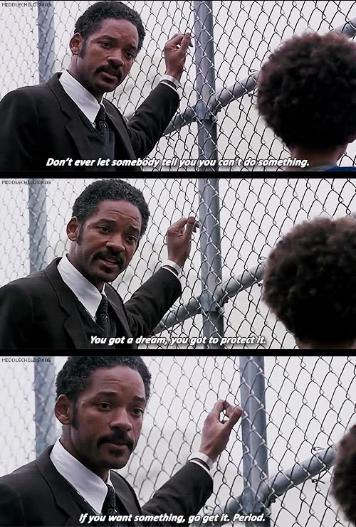 A vertical collage consisting of three separate frames from a movie scene featuring actor Will Smith. In each frame, he is wearing a dark suit, a white shirt, and a black tie. He is positioned on the left side of the frame, gesturing with his right hand toward someone off-camera to the right. The background is a chain-link fence. The character's expression is serious and motivational. The bottom of each frame contains a line of white subtitle text.
