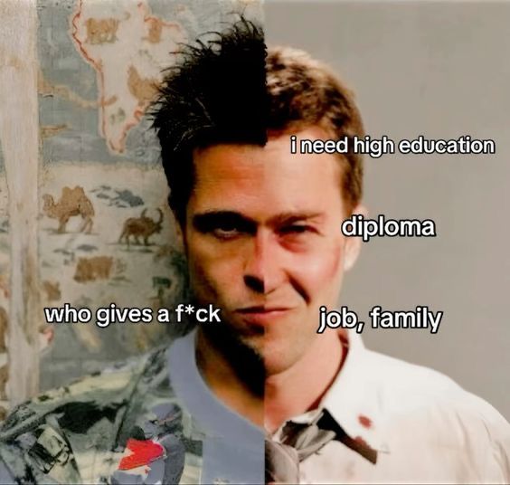 A split-screen meme featuring two different images of the same man (actor Ryan Reynolds). The left side shows him in a more rugged, perhaps stylized or darker setting with a map background, while the right side shows him in a more formal, light-colored shirt with a neutral background. Text is overlaid on both sides to create a humorous contrast between societal expectations and a carefree attitude.