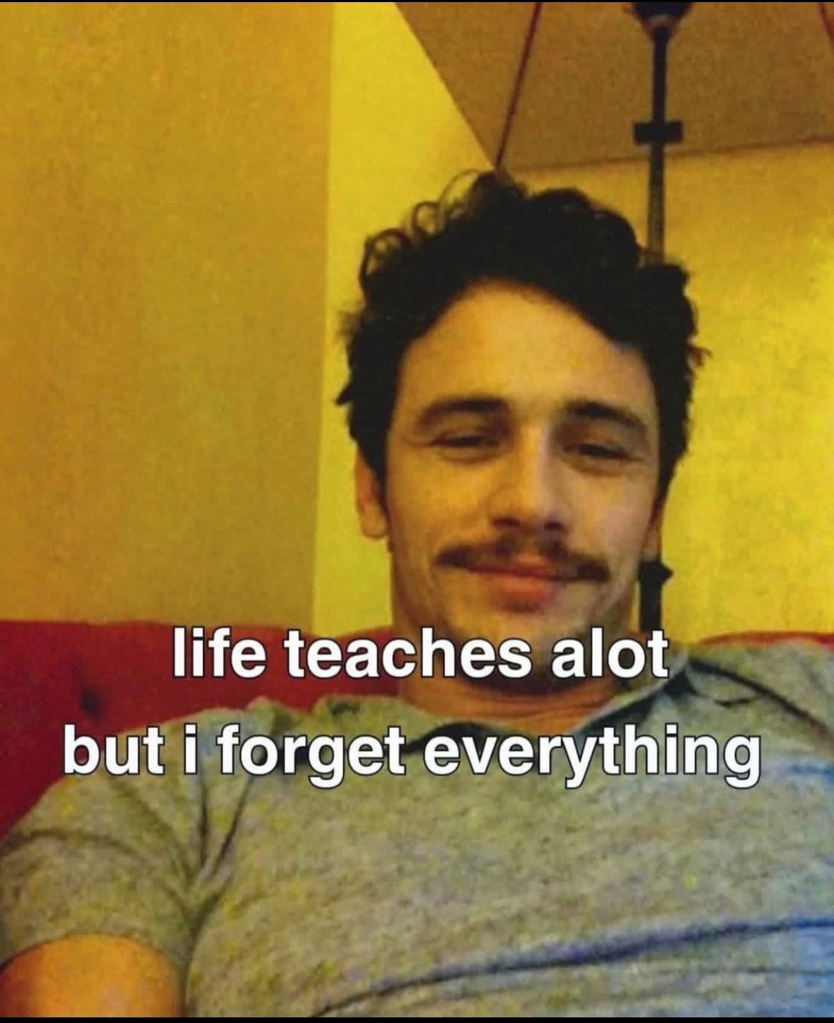 A meme featuring a selfie of actor James Franco with a slight smile and a mustache. He is wearing a grey t-shirt and is sitting in front of a red background. White text is overlaid on the bottom half of the image.