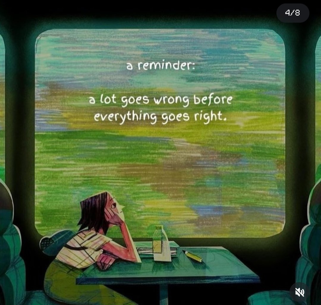 An artistic, textured illustration depicting a person sitting alone at a table in what appears to be a train or bus, looking out a large window at a landscape of soft greens and blues. The person has dark hair and is resting their head on their hand, appearing pensive or melancholic. On the table in front of them are a notebook, a drink, and a pen. The image features motivational text overlaid on the window scene.