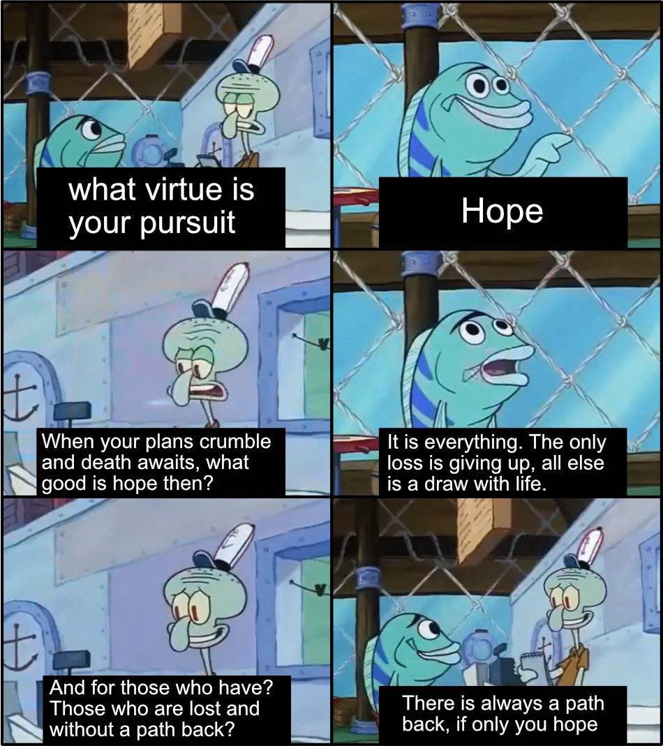 A six-panel meme using screenshots from the SpongeBob SquarePants episode where a fish is talking to Squidward. The meme presents a philosophical dialogue between a blue fish and Squidward about the concept of hope. The first panel shows the fish asking a question, the second shows the fish answering 'Hope', the third shows Squidward questioning the utility of hope in dire situations, the fourth shows the fish explaining the importance of hope, and the final two panels show a continued exchange about finding a way back through hope.